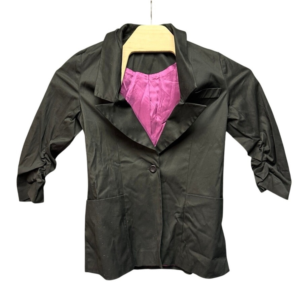 Liquid Womens Black Ruched 3/4 Sleeve Blazer Purple Lining Single Button Small